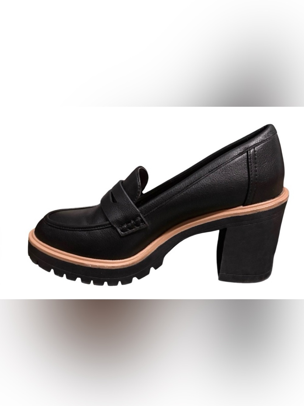DV by Dolce Vita Black Leather Chunky 3 inch Heel Loafers with Tan Trim - Picture 4 of 7